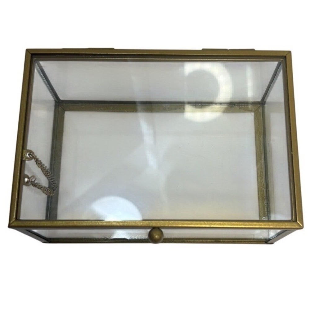 Gold Brass Glass Jewelry Box Rectangular Hinged Display Keepsake Case Vintage - Picture 3 of 10